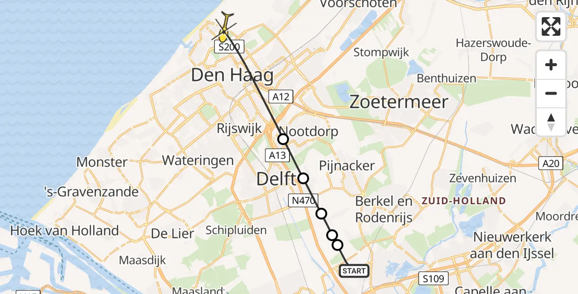 Routekaart van de vlucht: Lifeliner 2 naar Den Haag, Schieveense polder
