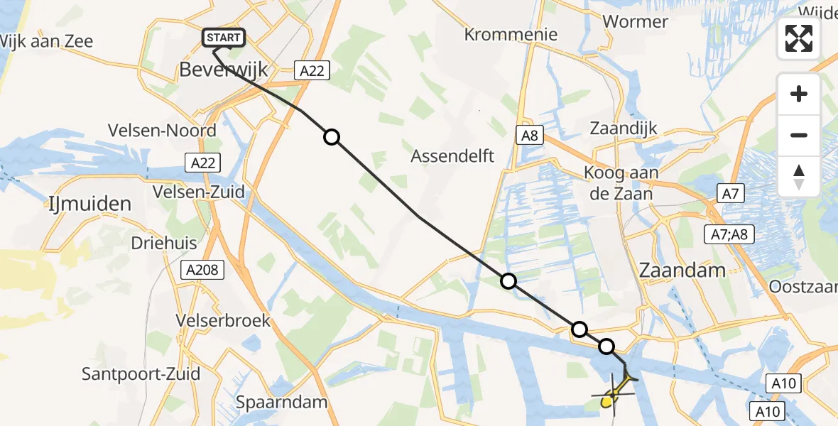 Routekaart van de vlucht: Lifeliner 1 naar Amsterdam Heliport, Eenhoornlaan