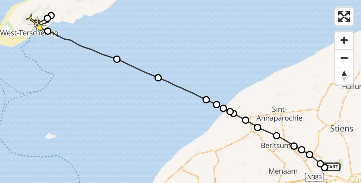 Routekaart van de vlucht: Ambulancehelikopter naar West-Terschelling, Sirtemawei