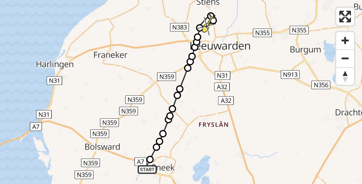 Routekaart van de vlucht: Ambulanceheli naar Vliegbasis Leeuwarden, Worpstrjitte