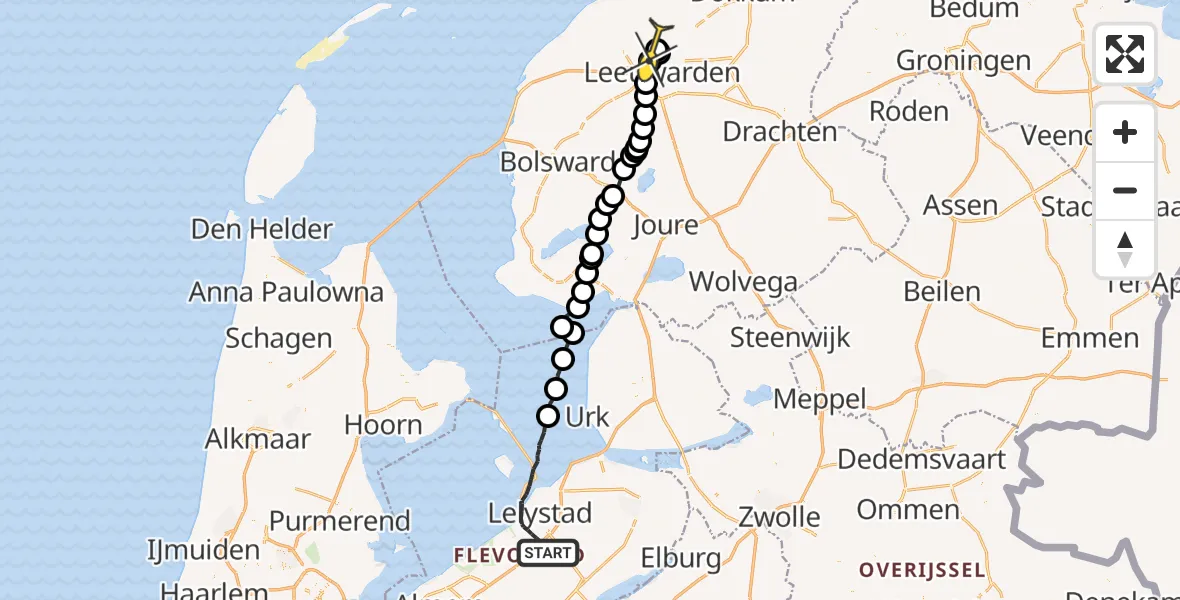 Routekaart van de vlucht: Ambulancehelikopter naar Vliegbasis Leeuwarden, Keegsdijkje