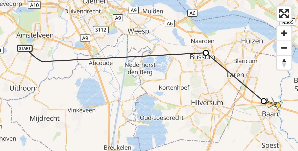 Routekaart van de vlucht: Politiehelikopter naar Eemnes, Dr. Willem Dreesweg