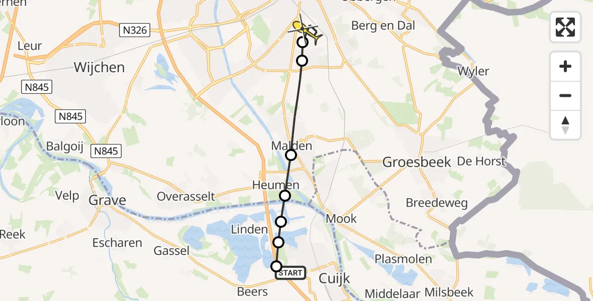 Routekaart van de vlucht: Lifeliner 2 naar Radboud Universitair Medisch Centrum, Waterkering