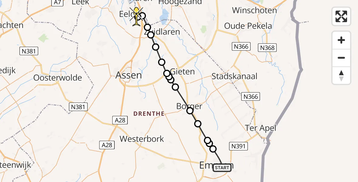 Routekaart van de vlucht: Lifeliner 4 naar Groningen Airport Eelde, Oude Roswinkelerweg