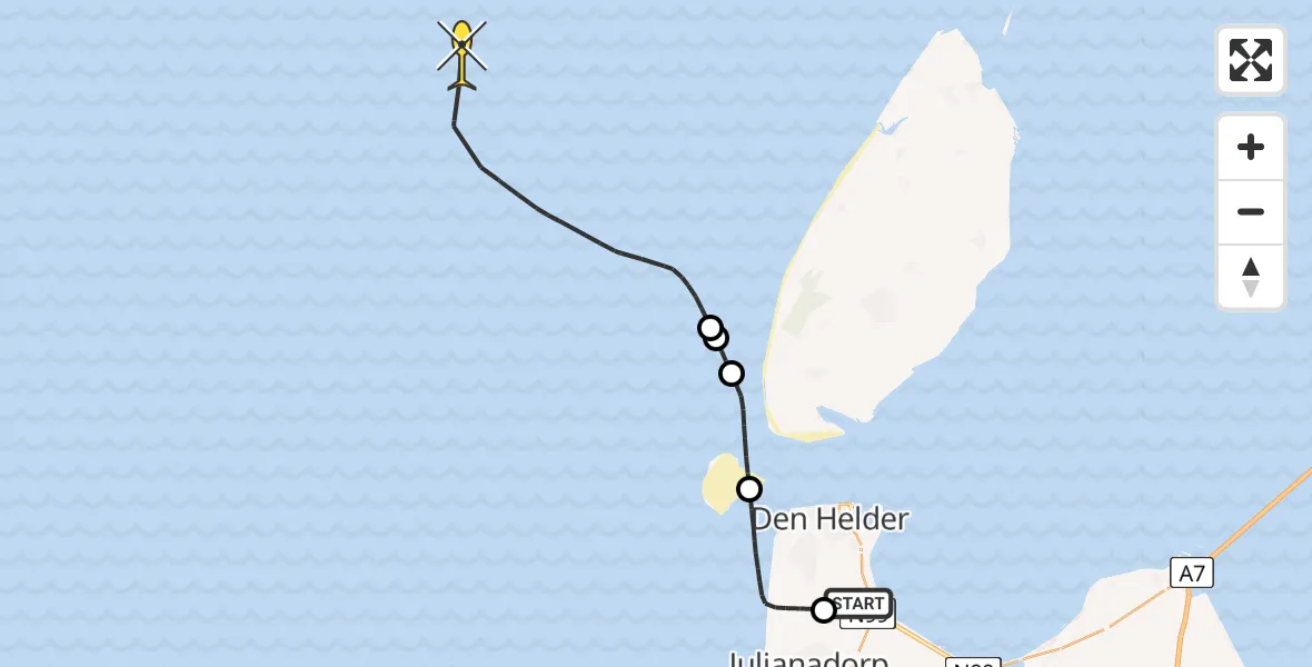 Vluchtroute Kustwachthelikopter van Vliegveld De Kooy naar 