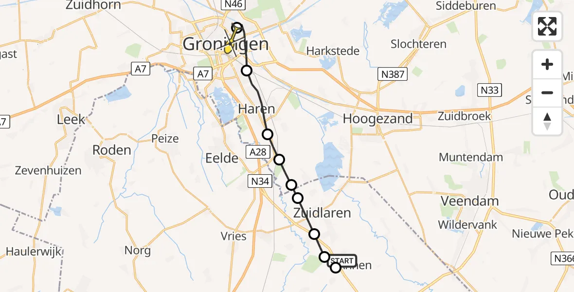 Routekaart van de vlucht: Lifeliner 4 naar Universitair Medisch Centrum Groningen, Strubben Kniphorstbosch