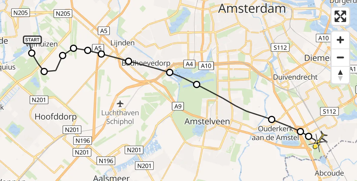 Routekaart van de vlucht: Lifeliner 1 naar Academisch Medisch Centrum (AMC), Toevoerkanaal Koning Willem I