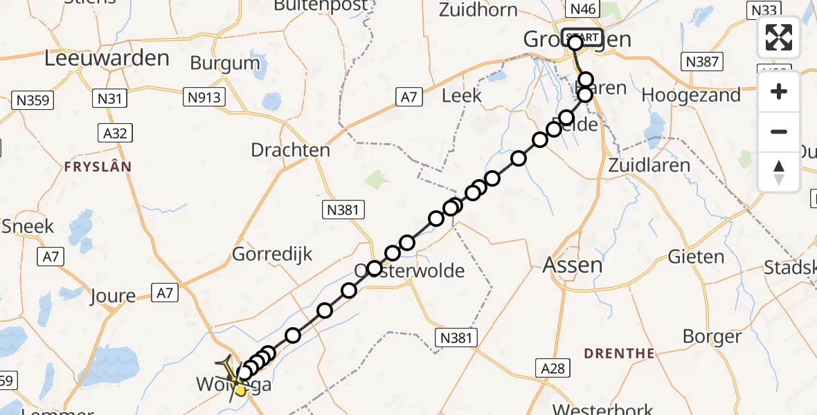 Routekaart van de vlucht: Lifeliner 4 naar Wolvega, Gedempte Zuiderdiep