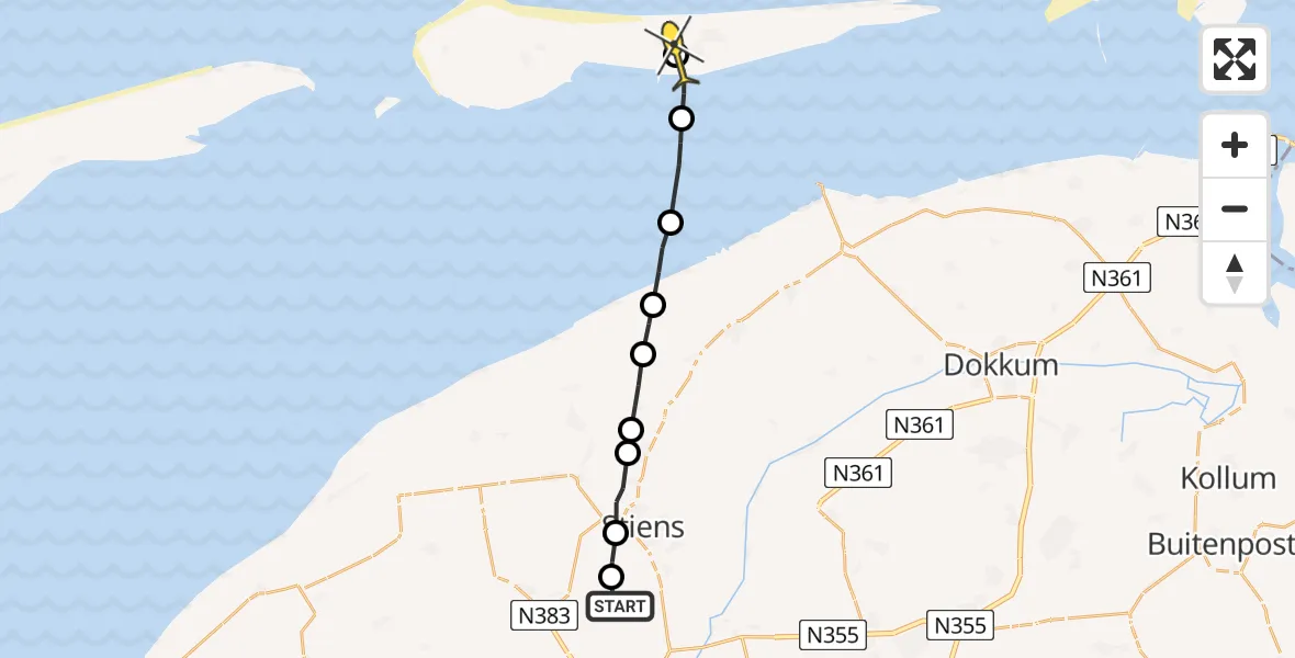 Routekaart van de vlucht: Ambulancehelikopter naar Nes, Efterste Dyk