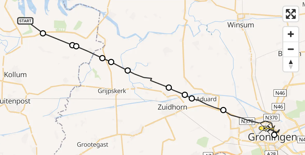 Routekaart van de vlucht: Ambulanceheli naar Groningen, Kwelderweg