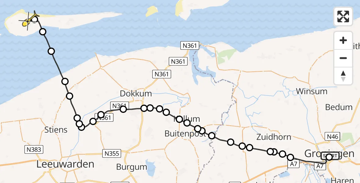 Routekaart van de vlucht: Ambulanceheli naar Ameland Airport Ballum, Theodorus Niemeyerstraat