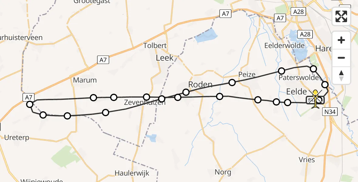 Routekaart van de vlucht: Lifeliner 4 naar Groningen Airport Eelde, Molenweg