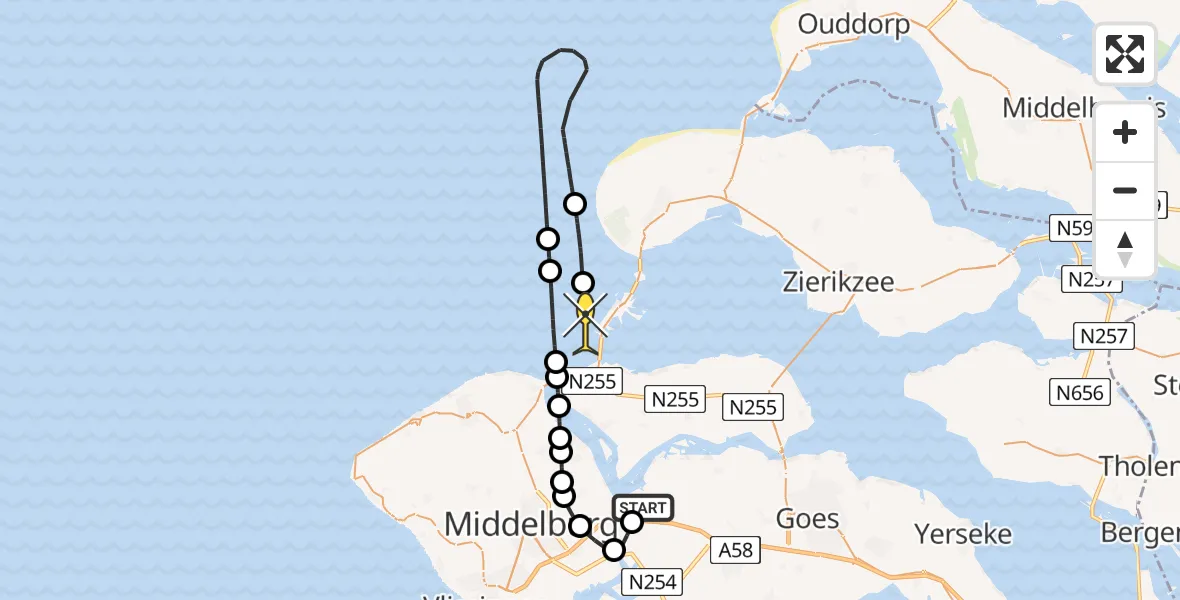 Routekaart van de vlucht: Kustwachthelikopter naar Vrouwenpolder, Postweg