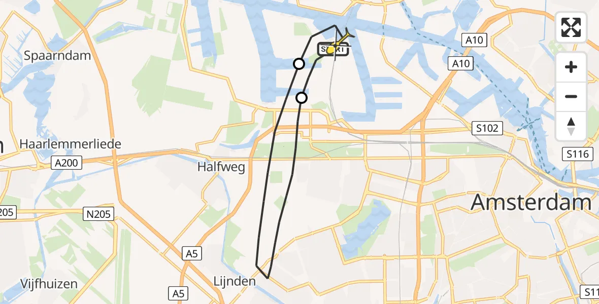 Routekaart van de vlucht: Lifeliner 1 naar Amsterdam Heliport, Amerikahavenweg