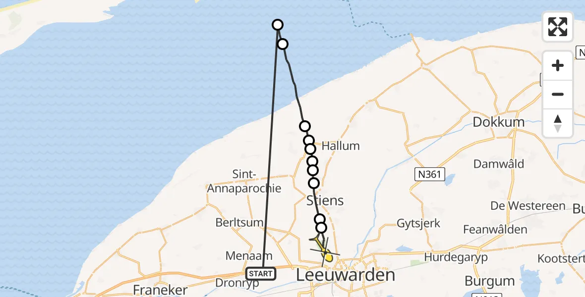 Routekaart van de vlucht: Ambulanceheli naar Vliegbasis Leeuwarden, Robbentocht WL35 Brakzand