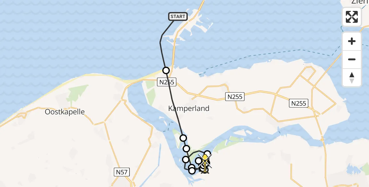 Routekaart van de vlucht: Kustwachthelikopter naar Vliegveld Midden-Zeeland, Noordelijke Pier