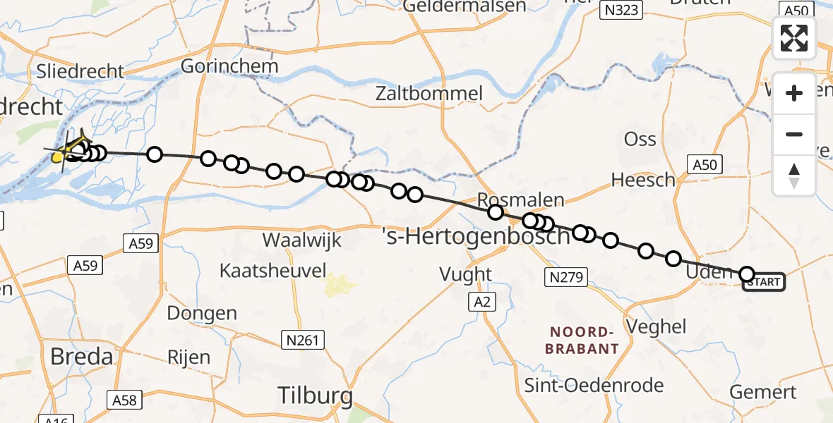 Routekaart van de vlucht: Lifeliner 3 naar Werkendam, Vliegeniersstraat