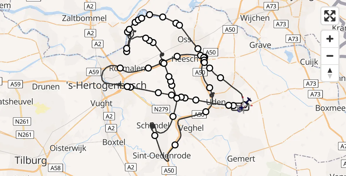 Vluchtroute Politiehelikopter van Vliegbasis Volkel naar Vliegbasis Volkel