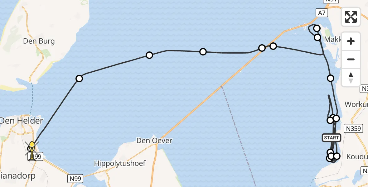 Routekaart van de vlucht: Kustwachthelikopter naar Vliegveld De Kooy, Westerdijk