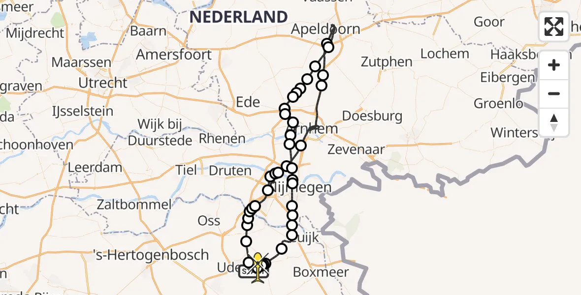 Routekaart van de vlucht: Politieheli naar Vliegbasis Volkel, Zeelandsedijk