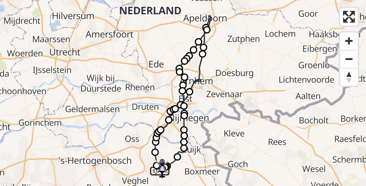 Vluchtroute Politiehelikopter van Vliegbasis Volkel naar Vliegbasis Volkel