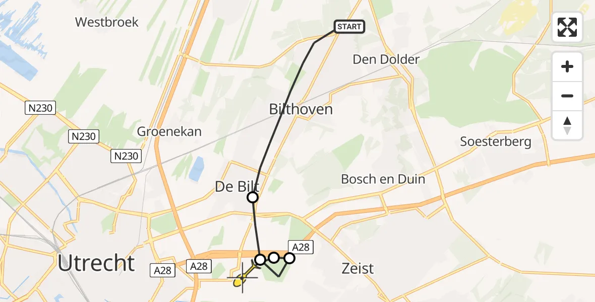 Routekaart van de vlucht: Lifeliner 1 naar Universitair Medisch Centrum Utrecht, De Hooghlaan