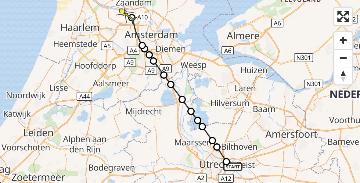 Routekaart van de vlucht: Lifeliner 1 naar Amsterdam Heliport, Cambridgelaan