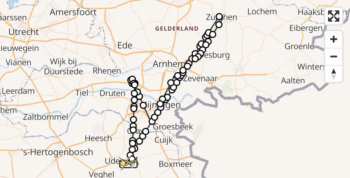 Routekaart van de vlucht: Politieheli naar Vliegbasis Volkel, Zeelandsedijk