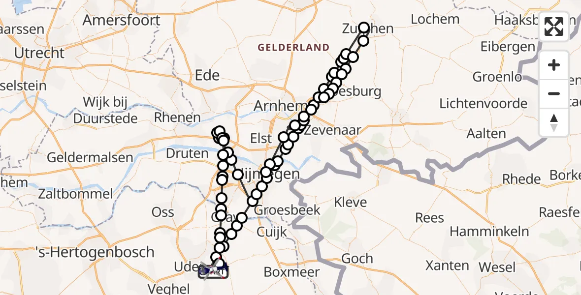 Vluchtroute Politiehelikopter van Vliegbasis Volkel naar Vliegbasis Volkel