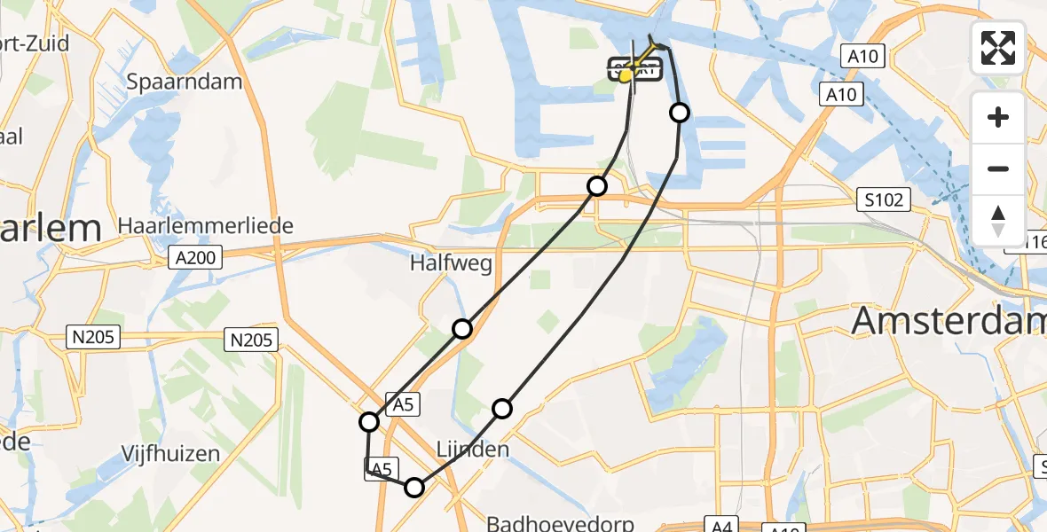 Routekaart van de vlucht: Lifeliner 1 naar Amsterdam Heliport, Nieuw-Zeelandweg