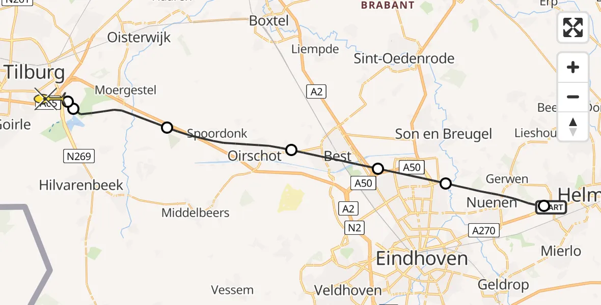 Routekaart van de vlucht: Lifeliner 3 naar Tilburg, Papenvoortse Heide