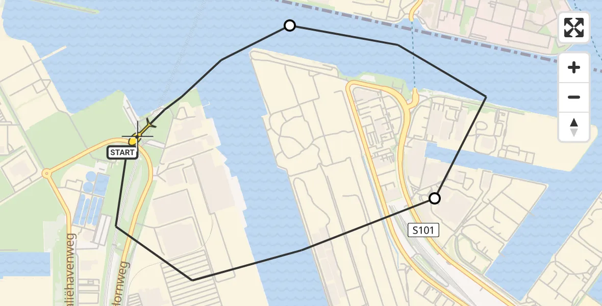 Routekaart van de vlucht: Lifeliner 1 naar Amsterdam Heliport, Kompasweg