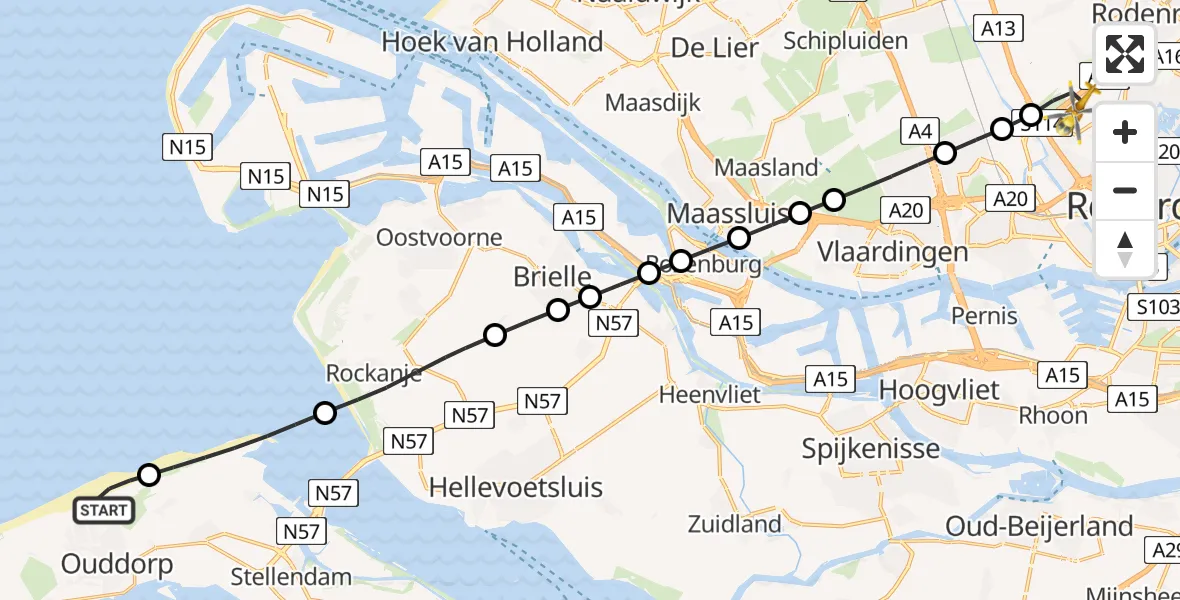 Vluchtroute Traumahelikopter Ouddorp - Rotterdam The Hague Airport, 07 juli 2024, 00:23