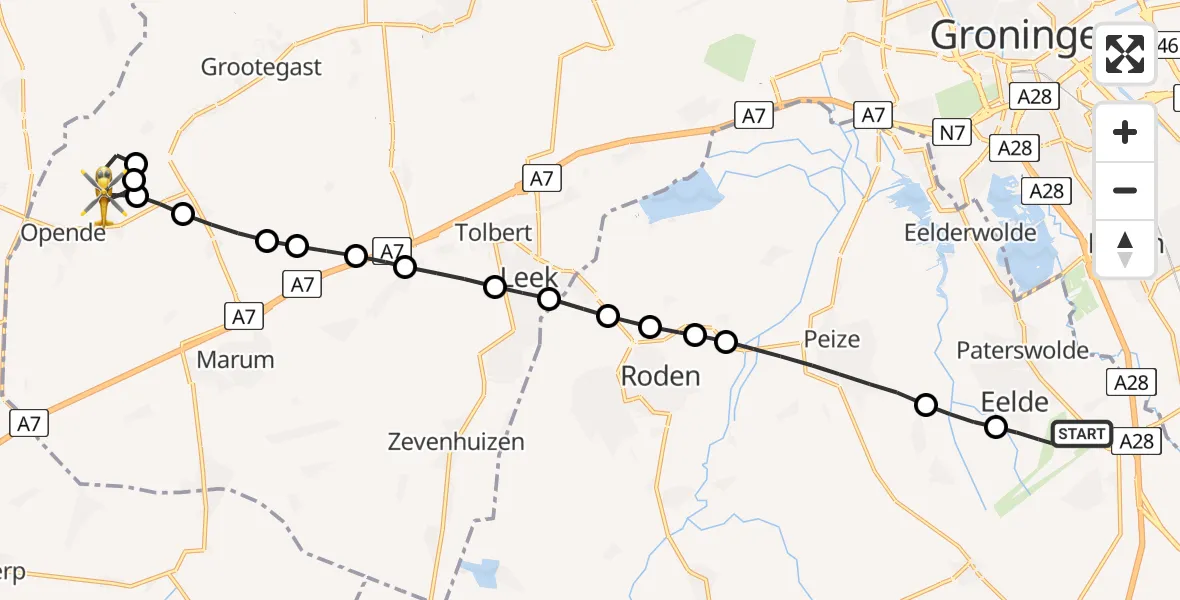 Vluchtroute Traumahelikopter Groningen Airport Eelde - Opende, 07 juli 2024, 01:01