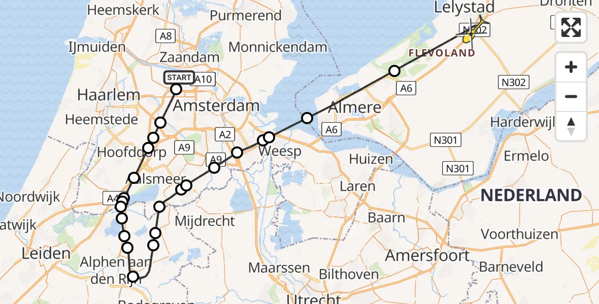 Routekaart van de vlucht: Lifeliner 1 naar Lelystad, Nieuw-Zeelandweg