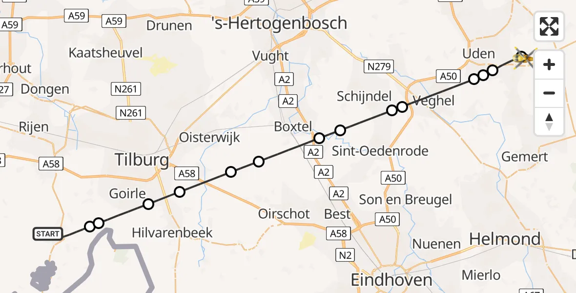 Vluchtroute Traumahelikopter Alphen - Vliegbasis Volkel, 07 juli 2024, 02:46