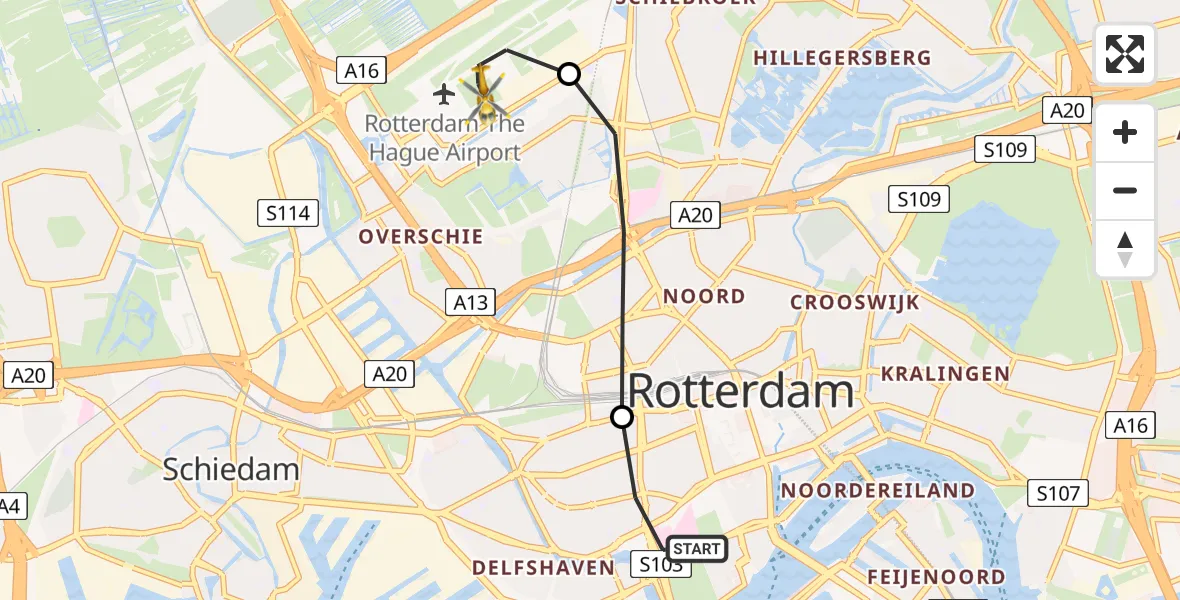 Vluchtroute Traumahelikopter Erasmus MC - Rotterdam The Hague Airport, 07 juli 2024, 03:43