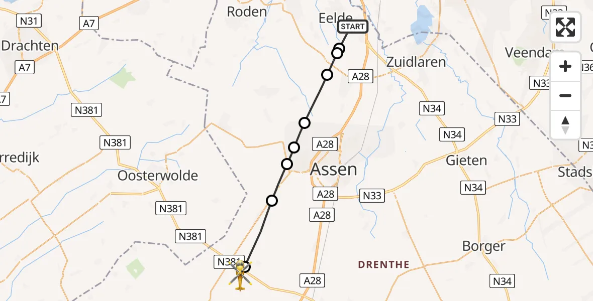Vluchtroute Traumahelikopter Groningen Airport Eelde - Beilen, 07 juli 2024, 05:14