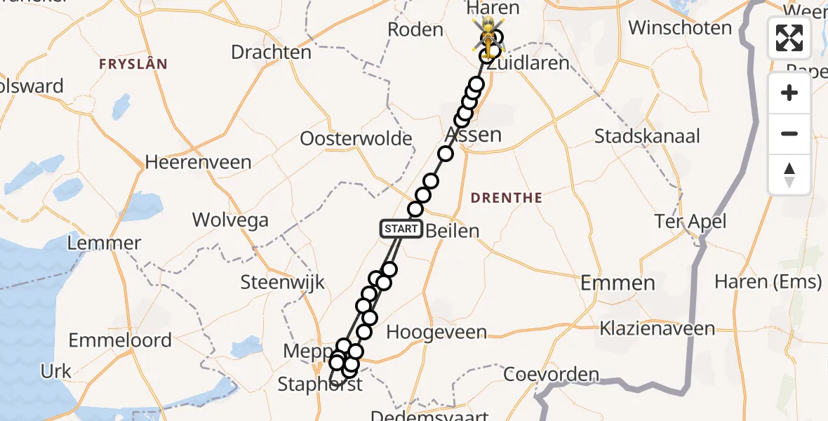 Vluchtroute Traumahelikopter Dwingeloo - Groningen Airport Eelde, 07 juli 2024, 05:24