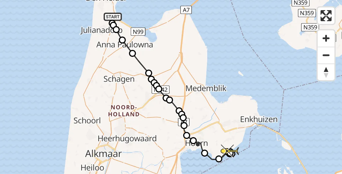 Routekaart van de vlucht: Kustwachthelikopter naar Oosterleek, Luchthavenweg