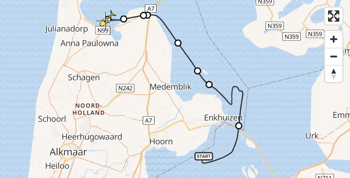 Routekaart van de vlucht: Kustwachthelikopter naar Den Helder