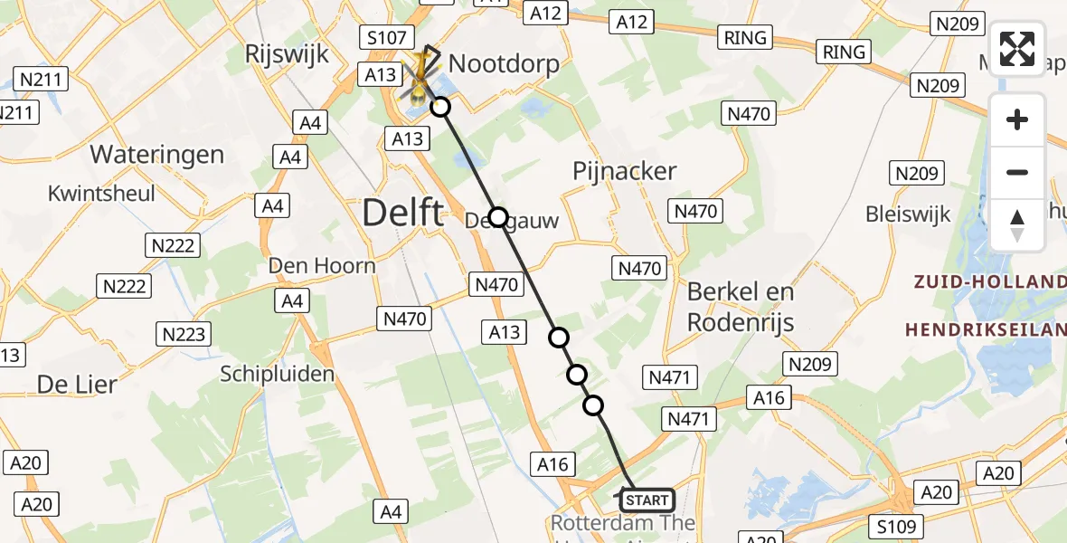 Vluchtroute Traumahelikopter Rotterdam The Hague Airport - Den Haag, 07 juli 2024, 08:58