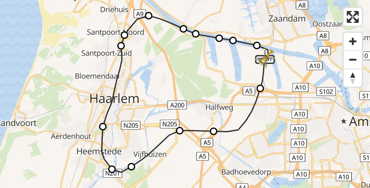 Vluchtroute Traumahelikopter van Amsterdam Heliport naar Amsterdam Heliport