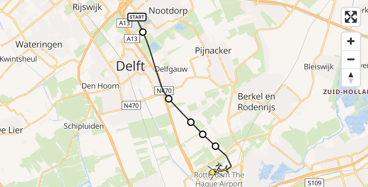 Routekaart van de vlucht: Lifeliner 2 naar Rotterdam The Hague Airport, Brasserskade