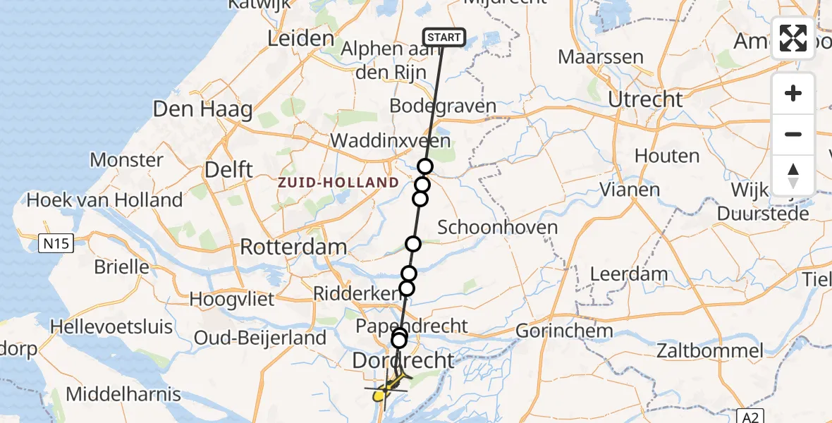 Routekaart van de vlucht: Politieheli naar Dordrecht, van Persijnstraat