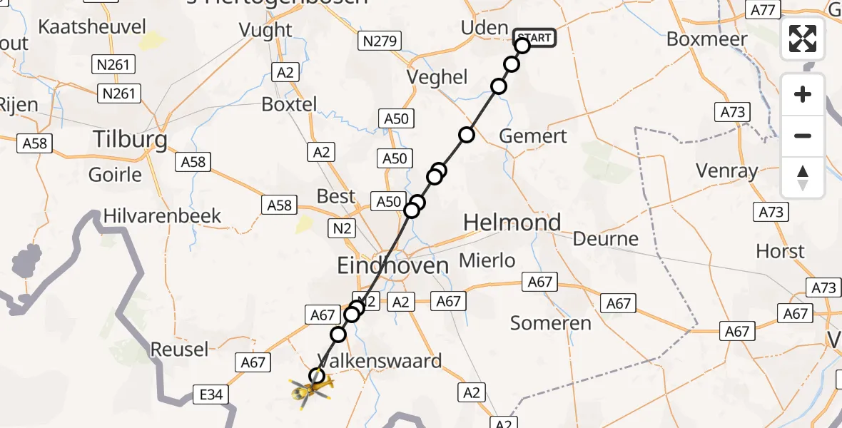 Vluchtroute Traumahelikopter Vliegbasis Volkel - Bergeijk, 07 juli 2024, 13:07