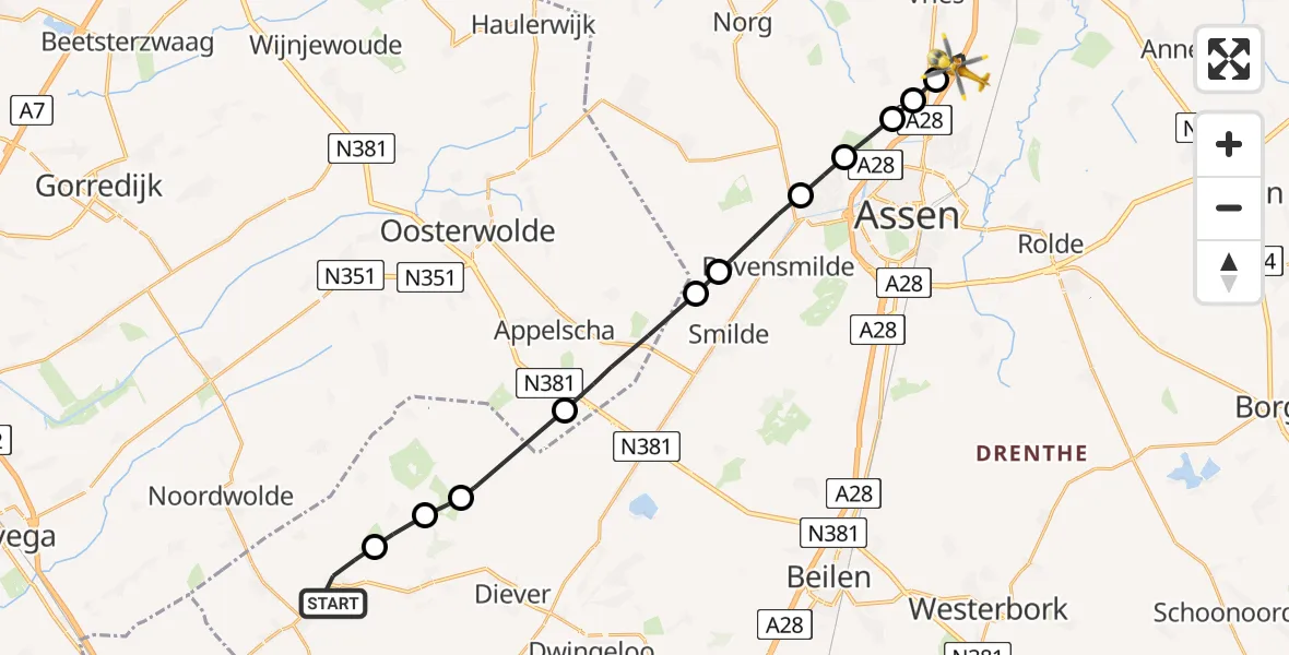 Vluchtroute Traumahelikopter Vledder - Ubbena, 07 juli 2024, 13:25
