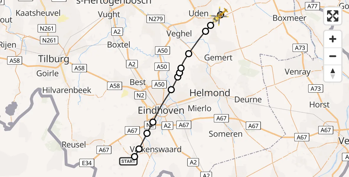 Vluchtroute Traumahelikopter Bergeijk - Vliegbasis Volkel, 07 juli 2024, 13:46