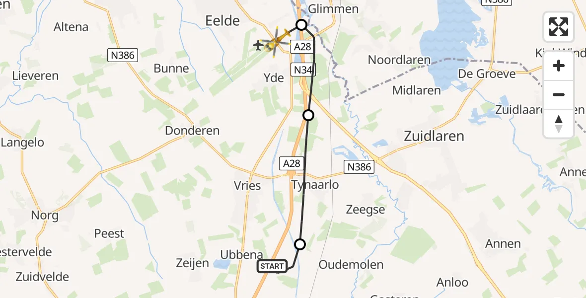 Vluchtroute Traumahelikopter Ubbena - Groningen Airport Eelde, 07 juli 2024, 13:49