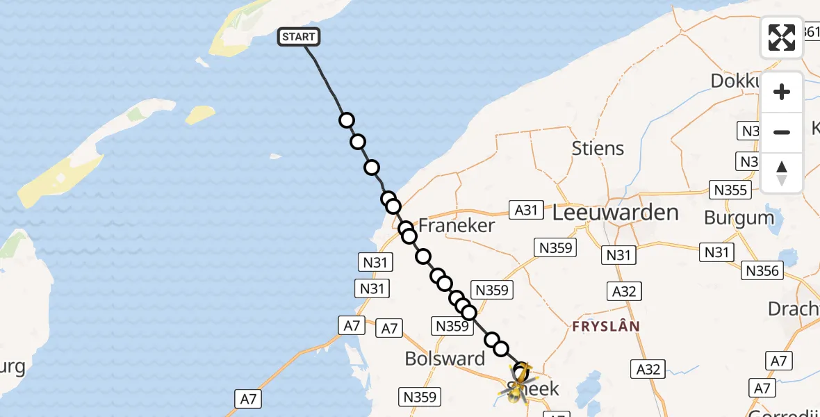 Vluchtroute Ambulancehelikopter Formerum - Sneek, 07 juli 2024, 14:00